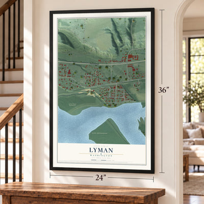 Lyman, Washington map, 24 x 36 inch print in a black frame by a staircase