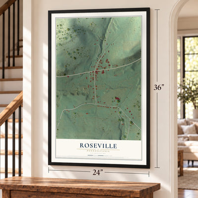 Roseville, Pennsylvania map, 24 x 36 inch print in a black frame by a staircase