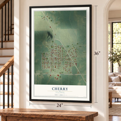 Cherry, Illinois map, 24 x 36 inch print in a black frame by a staircase