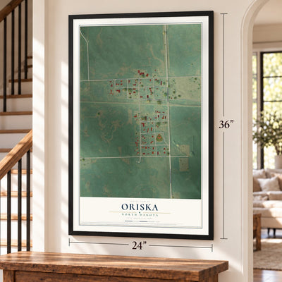 Oriska, North Dakota map, 24 x 36 inch print in a black frame by a staircase