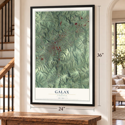 Galax, Virginia map, 24 x 36 inch print in a black frame by a staircase