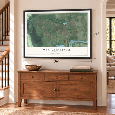 West Glens Falls, New York map, 24 x 36 inch print in a black frame above a dresser by a staircase