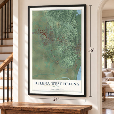 Helena-West Helena, Arkansas map, 24 x 36 inch print in a black frame by a staircase