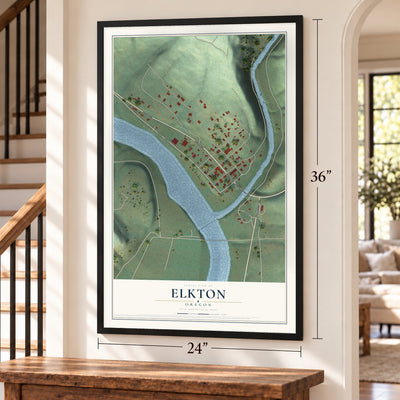 Elkton, Oregon map, 24 x 36 inch print in a black frame by a staircase
