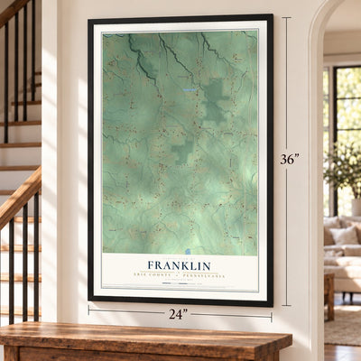 Franklin, Erie County, Pennsylvania map, 24 x 36 inch print in a black frame by a staircase
