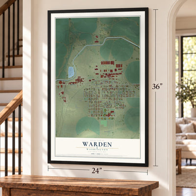 Warden, Washington map, 24 x 36 inch print in a black frame by a staircase