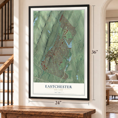 Eastchester, New York map, 24 x 36 inch print in a black frame by a staircase