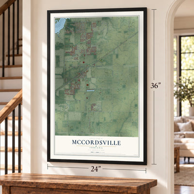 McCordsville, Indiana map, 24 x 36 inch print in a black frame by a staircase