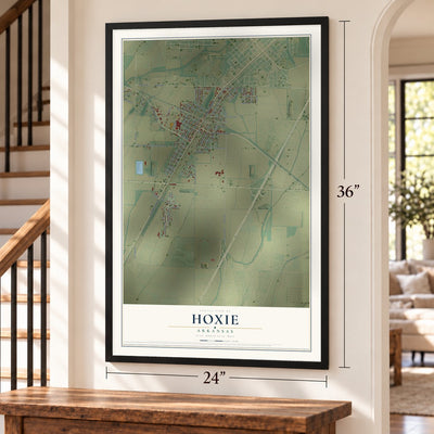 Hoxie, Arkansas map, 24 x 36 inch print in a black frame by a staircase