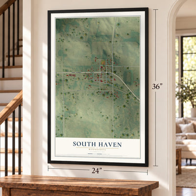 South Haven, Minnesota map, 24 x 36 inch print in a black frame by a staircase
