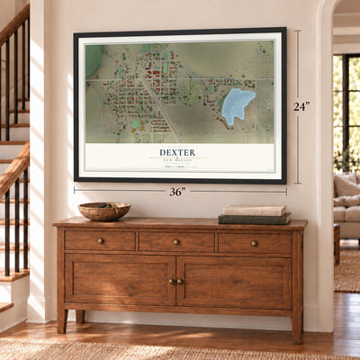 Dexter, New Mexico map, 24 x 36 inch print in a black frame above a dresser by a staircase