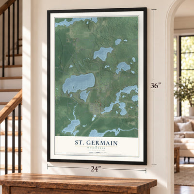 St. Germain, Wisconsin map, 24 x 36 inch print in a black frame by a staircase