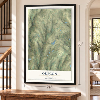 Oregon, Pennsylvania map, 24 x 36 inch print in a black frame by a staircase