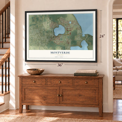 Montverde, Florida map, 24 x 36 inch print in a black frame above a dresser by a staircase