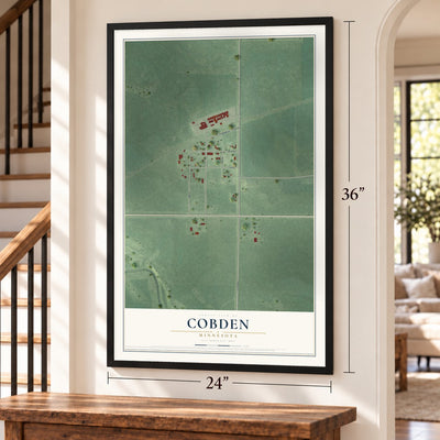 Cobden, Minnesota map, 24 x 36 inch print in a black frame by a staircase