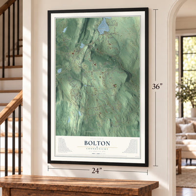 Bolton, Connecticut map, 24 x 36 inch print in a black frame by a staircase