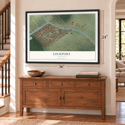 Lockport, Louisiana map, 24 x 36 inch print in a black frame above a dresser by a staircase