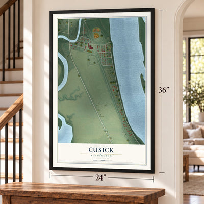 Cusick, Washington map, 24 x 36 inch print in a black frame by a staircase