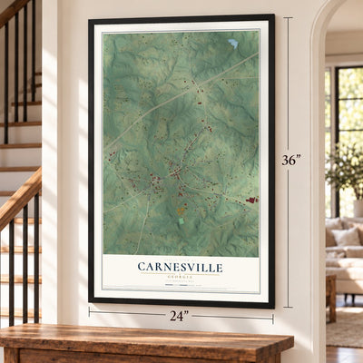 Carnesville, Georgia map, 24 x 36 inch print in a black frame by a staircase