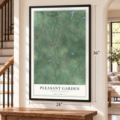 Pleasant Garden, North Carolina map, 24 x 36 inch print in a black frame by a staircase