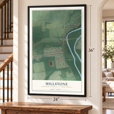 Millstone, Somerset County, New Jersey map, 24 x 36 inch print in a black frame by a staircase