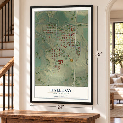 Halliday, North Dakota map, 24 x 36 inch print in a black frame by a staircase