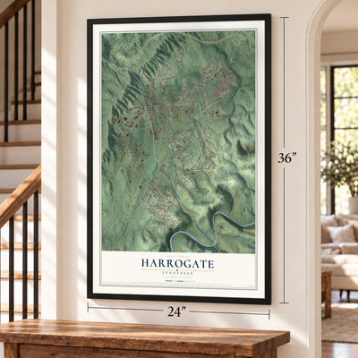 Harrogate, Tennessee map, 24 x 36 inch print in a black frame by a staircase