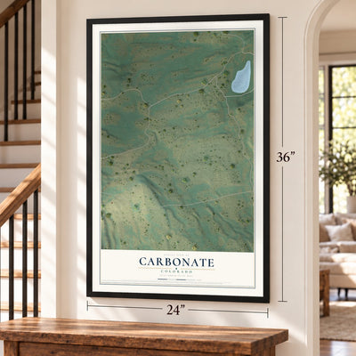 Carbonate, Colorado map, 24 x 36 inch print in a black frame by a staircase