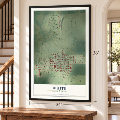 White, South Dakota map, 24 x 36 inch print in a black frame by a staircase