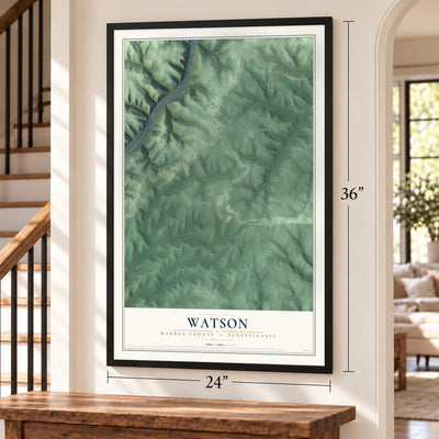 Watson, Warren County, Pennsylvania map, 24 x 36 inch print in a black frame by a staircase