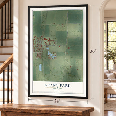 Grant Park, Illinois map, 24 x 36 inch print in a black frame by a staircase