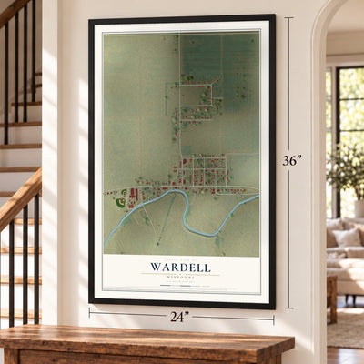Wardell, Missouri map, 24 x 36 inch print in a black frame by a staircase