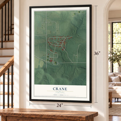 Crane, Indiana map, 24 x 36 inch print in a black frame by a staircase