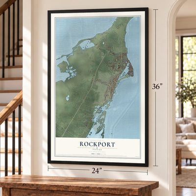 Rockport, Texas map, 24 x 36 inch print in a black frame by a staircase