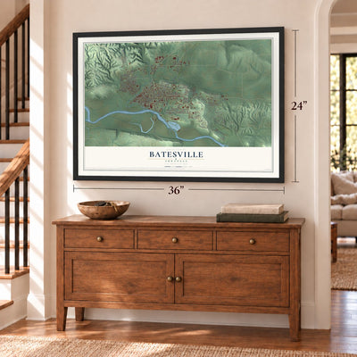 Batesville, Arkansas map, 24 x 36 inch print in a black frame above a dresser by a staircase