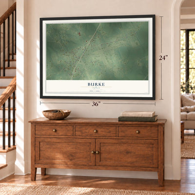 Burke, Texas map, 24 x 36 inch print in a black frame above a dresser by a staircase