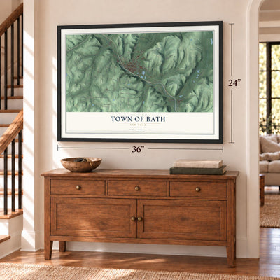 Town of Bath, New York map, 24 x 36 inch print in a black frame above a dresser by a staircase