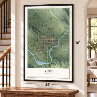 Lynch, Nebraska map, 24 x 36 inch print in a black frame by a staircase