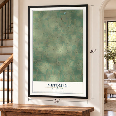 Metomen, Wisconsin map, 24 x 36 inch print in a black frame by a staircase