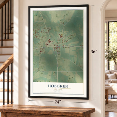 Hoboken, Georgia map, 24 x 36 inch print in a black frame by a staircase