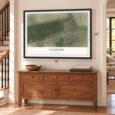 Coahoma, Texas map, 24 x 36 inch print in a black frame above a dresser by a staircase