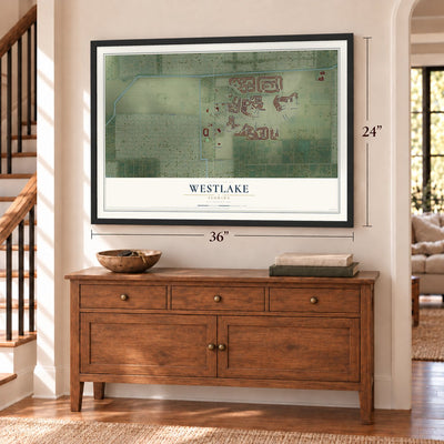 Westlake, Florida map, 24 x 36 inch print in a black frame above a dresser by a staircase
