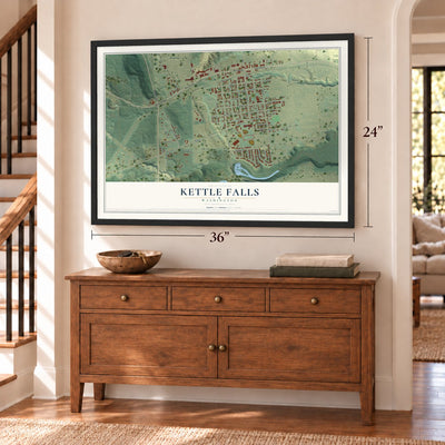 Kettle Falls, Washington map, 24 x 36 inch print in a black frame above a dresser by a staircase
