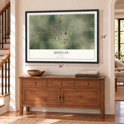 Quinlan, Texas map, 24 x 36 inch print in a black frame above a dresser by a staircase