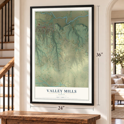 Valley Mills, Texas map, 24 x 36 inch print in a black frame by a staircase