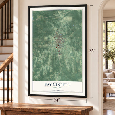 Bay Minette, Alabama map, 24 x 36 inch print in a black frame by a staircase