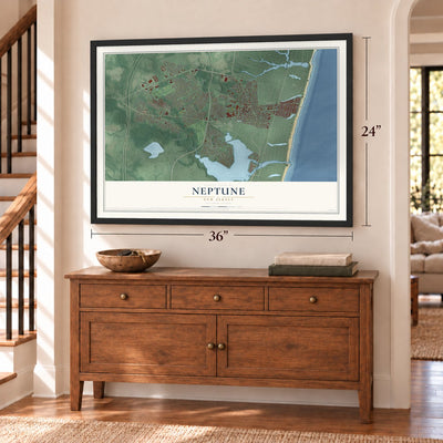 Neptune, New Jersey map, 24 x 36 inch print in a black frame above a dresser by a staircase