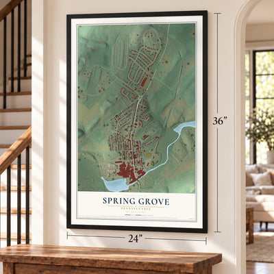 Spring Grove, Pennsylvania map, 24 x 36 inch print in a black frame by a staircase