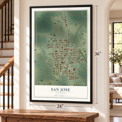 San Jose, Illinois map, 24 x 36 inch print in a black frame by a staircase