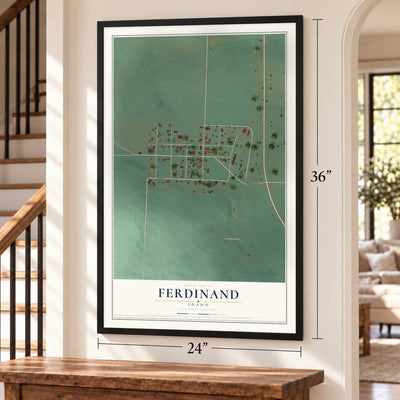 Ferdinand, Idaho map, 24 x 36 inch print in a black frame by a staircase
